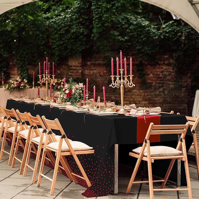 16Pack Disposable Plastic Party Tablecloths and Satin Table Runner Set Black - Image 5
