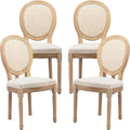 Vintage French Rattan Dining Chairs Set of 4, Solid Wood Frame with Round Rattan Back and Linen Upholstered Seat, Farmhouse Accent Sillas de Comedor Side Chairs for Dining Room & Kitchen, Beige