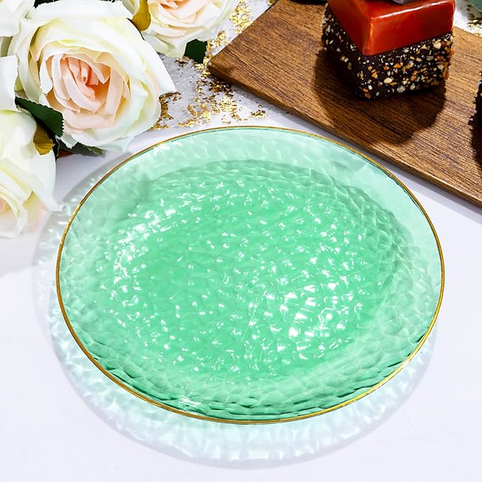 Rubtlamp 100 Pcs Clear Green Plastic Plates, Gold Hammered Plastic Salad Platos, Green Disposable Platos With Gold Rim,7 Inch Dessert Platos Disposable, Dessert Appetizer Platos