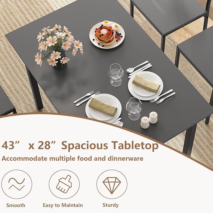COSTWAY Dining Table Set for 4, Rectangular Kitchen Table and Chairs Set with Backrest, Metal Frame, Space-Saving Dinette Set, Breakfast Nook Table Set for Small Space, Apartment, Dorm (Grey)