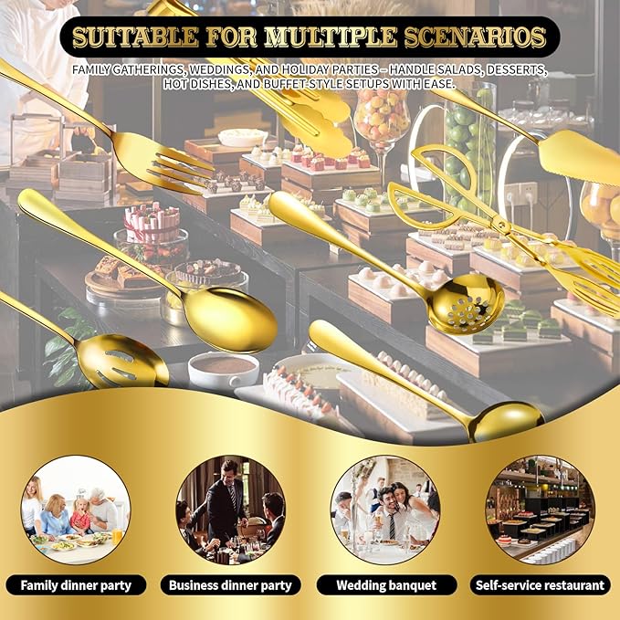 32Pcs Serving Utensils Set Serving Spoons, Buffet Tongs, Cake Spatula, Forks, Perforated Ladles, Soup Scoops, Skimmers and Black Heavy-Duty Serving Tongs (GOLD)