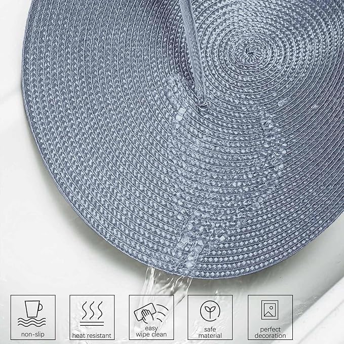 AHHFSMEI Round Braided Placemats 15 Inch Round Table Mats for Dining Tables Natural Woven Heat Resistant Place mats Set of 8 (Light Blue,8)