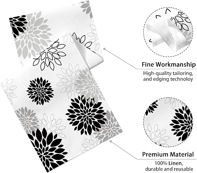 Dahlia Flower Table Runner 13x71 Inch Farmhouse Black Gray Runners Modern Table - Image 2