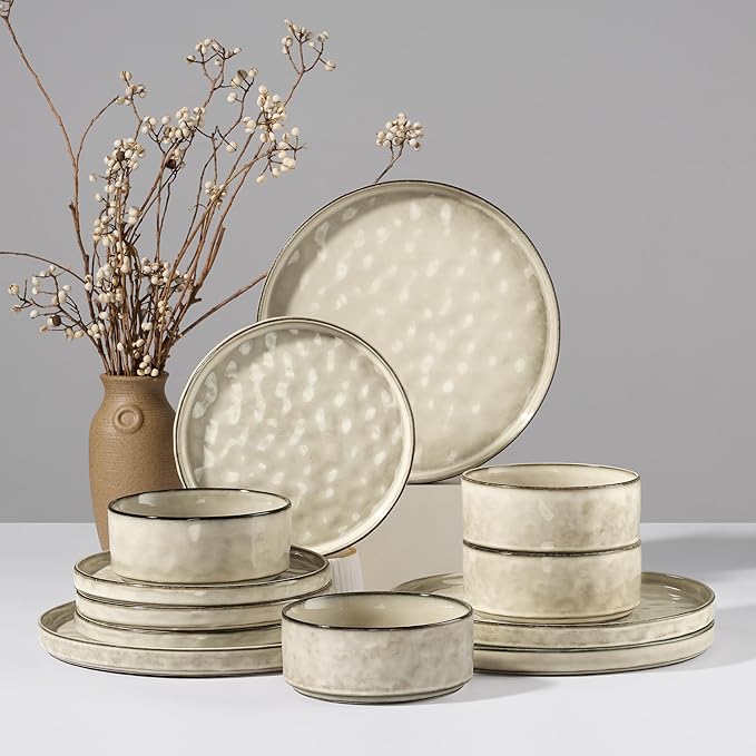 HaWare Dinnerware Sets, 12-Piece Plates and Bowls Set, Saturn Khaki | Stoneware by HaWare