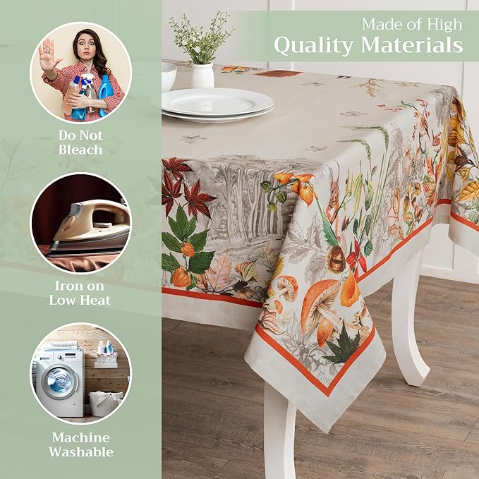 Maison d' Hermine Table Cloth Rectangle Table 100% Cotton 70 x 90 Inches Fall Tablecloth Reusable Everyday Use for Thanksgiving Christmas Decorations Dining Farmhouse Party (Recolte)