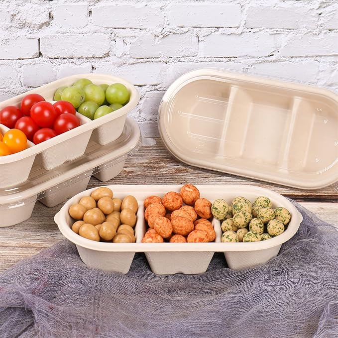 disposable paper bowls 18 oz 3 compartments with lids, Sugarcane Fiber For Snack, Dessert, Meal Prep 50 Pack