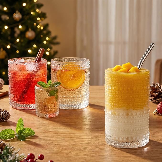 CycleMore 12Pc Vintage Hobnail Drinking Glasses, 12oz 10oz 4oz Clear Cup | BPA - Image 2