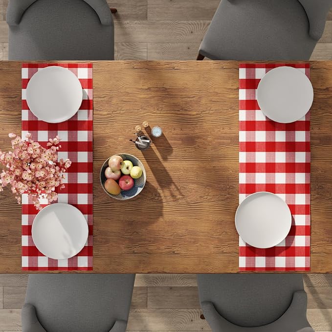 Encasa XO Table Runner, Woven Cotton Dining Runner 13"x36" | Buffalo Red Checks - Image 5