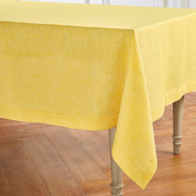 Solino Home Linen Tablecloth 60 x 120 Inch - 100% Pure Linen Chambray Lemon Yellow Table Cloth for Rectangular Tables - Athena, Machine Washable Cloth Tablecloth for Spring, Easter