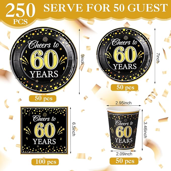 Pickmesh 250 Pcs 60th Birthday Disposable Tableware Set Black and Gold Cheers to 60 Years Disposable Paper Plates Napkins and Cups for 60th Birthday Wedding Anniversary Party Supplies Decorations