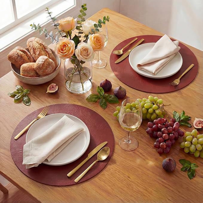 Artoid Mode Red Faux Leather Placemats Set of 4, 15 Inch Waterproof Wipeable Heat Resistant Vinyl Place Mats, Reversible Table Mats for Christmas Kitchen Dining Decor