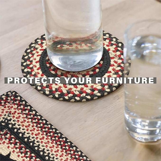 Homespice Primitive Star Gloucester Jute Braided Trivets for Table - Set of 6, Round 8", Black & Red - Rich Colors, Easy to Clean, Durable and Protects Furniture