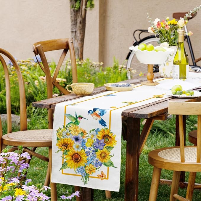 Summer Sunflowers Daisies Table Runner Birds Burlap Table Runners, Vibrant - Image 6