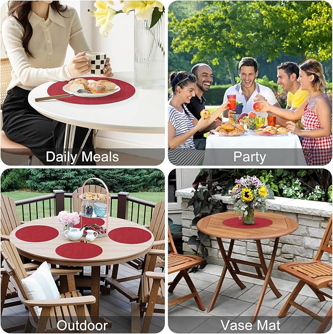 Homaxy Round Faux Leather Placemats and Coasters, Washable Dual-Side Table Mats, Wipeable Heat-Resistant Dining Place Mats for Outdoor and Indoor, Set of 8, Diameter 13 and 3.93 inch, Red