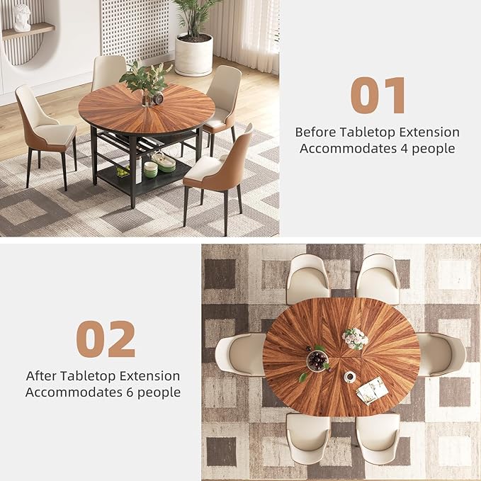 VFK 47.2"-63" Extendable Round Dining Table Set for 4–6, Solid Wood & Metal Table with Wine Rack Storage Shelf, Walnut Kitchen & Dining Room Furniture (1 Storage Table)