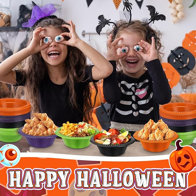 Layhit 100 Pcs Halloween Christmas Disposable Plastic Bowls 12 oz Soup Dessert Salad Bowl Candy Snack Plate Serving Supplies for Holiday Thanksgiving Fall Wedding Party Picnic