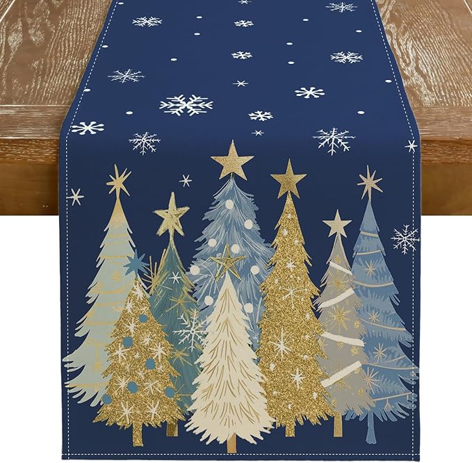 Christmas Table Runner 13x72 Inch, Xmas Trees Snowflakes Holiday Decorative by GEEORY