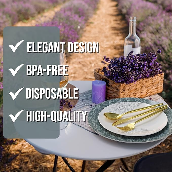 Trendables Fancy Plastic Dinnerware Sets 200 Pc Set 40 Guests Gold Silverware Disposable 40 X 10 Inch Charger Plates 40 X 8 Inch Dessert Plates 40 x Gold Plastic Forks and Spoons Knives In Aleh