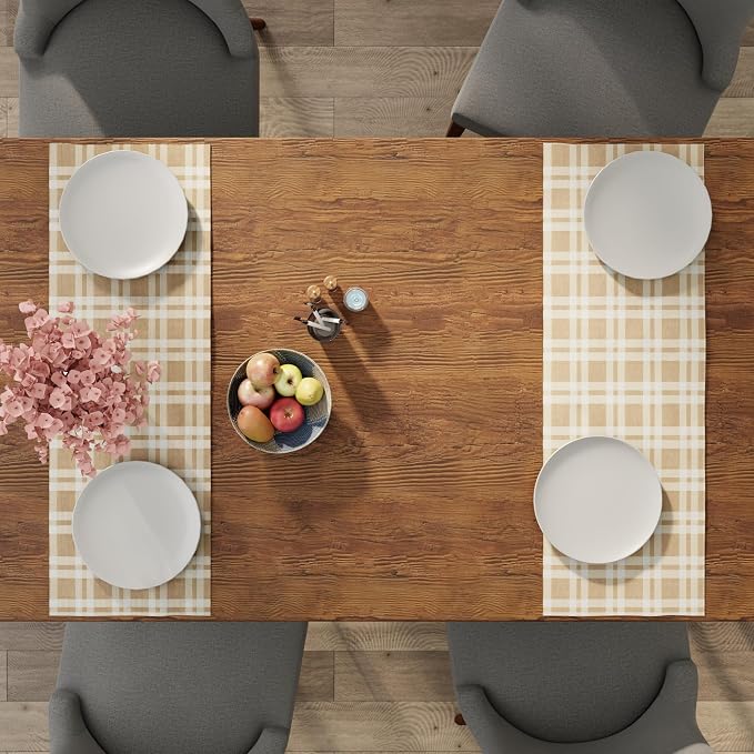 Encasa XO Table Runner, Woven Cotton Dining Runner 13"x36" Franca Beige Checks - Image 6