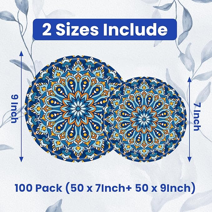 ZULYSTO 100 Count Boho Paper Plates (50×7"+ 50×9") – Disposable Plates for Party, Retro Bohemian Style Dessert Dinner Plate Set for Daily Use, Holiday, Wedding, Events