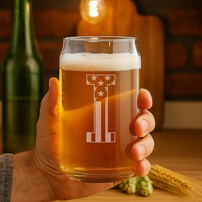 Monogram Beer Glasses for Men (A-Z) 16 oz - Beer Gifts for Men Brother Son Dad Neighbor - Unique Gifts for Him - Personalized Drinking Gift Beer Glass Mugs - Engraved Beer Can Glass (I)