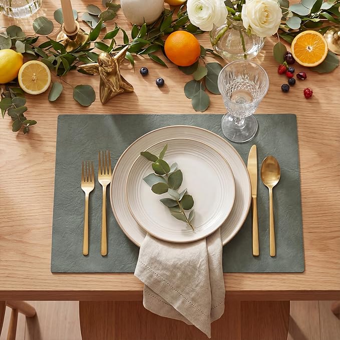 Artoid Mode Grey Faux Leather Placemats Set of 4, 12x18 Inch Waterproof Wipeable Heat Resistant Vinyl Place Mats, Reversible Table Mats for Winter Kitchen Dining Decor
