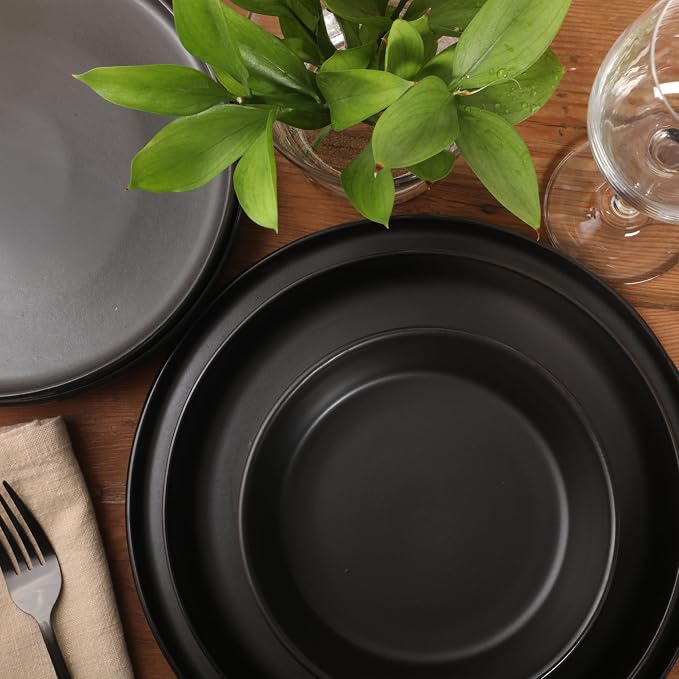 Gibson Elite Bayou Moon Plates and Bowls Sets, 16-Piece Black Matte Stoneware - Image 4
