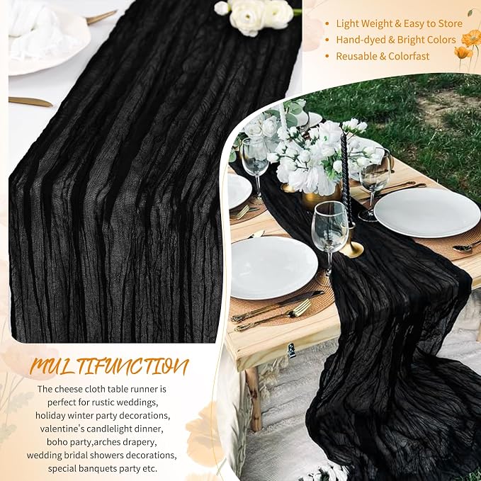 Showgeous 4 Pack Black Cheesecloth Table Runner, 17 x 108 Inches | Boho - Image 5