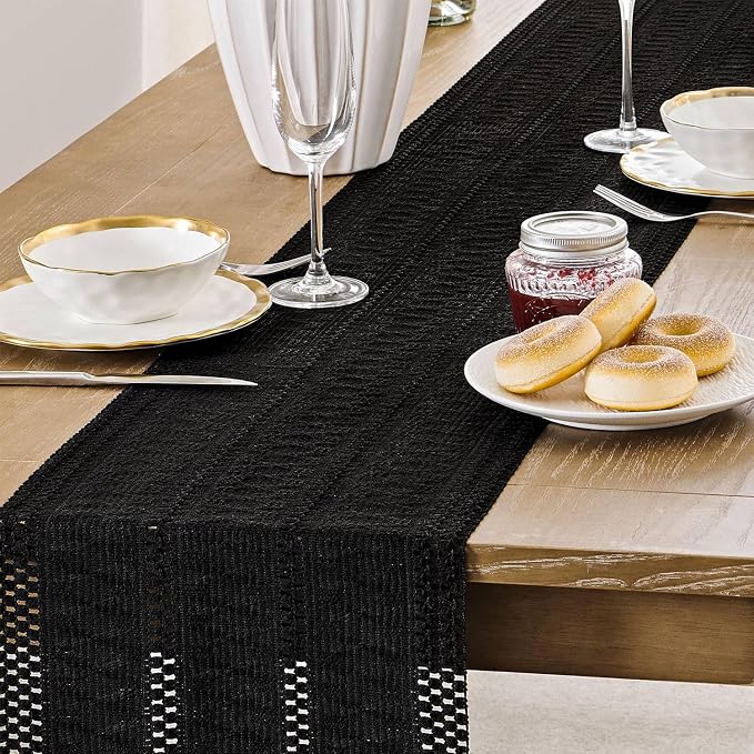 Macrame Style Boho Table Runner, 12x90 Inch Black | Woven Boho Table Runner - Image 5