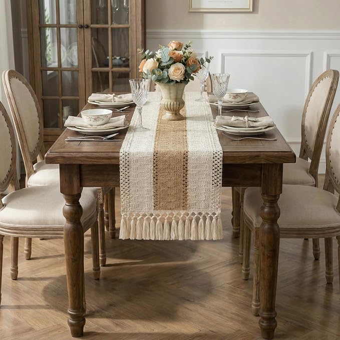 Burlap Boho Table Runner Macrame Brown 108in Farmhouse Woven Runner | Burlap - Image 7