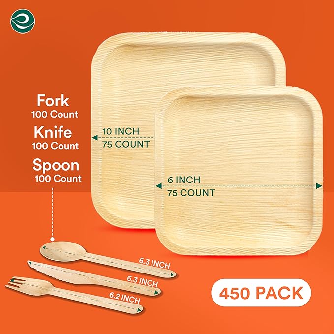 ECO SOUL 100% Compostable Palm Leaf Dinnerware Set For 75 Guests [10", 6" Square plates 75 Count each | Fork, Knife, Spoon, 100 Count each] | Biodegradable Disposable Utensils for Wedding, Parties