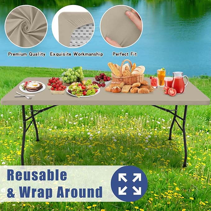 Spandex 4 Foot Rectangle Table Cloth 2 Pack, Elastic Fitted Tablecloths for Picnic, Stretch Washable Patio Table Cover for Outdoor, Camping, Banquet and Parties (Taupe, 30"x48")