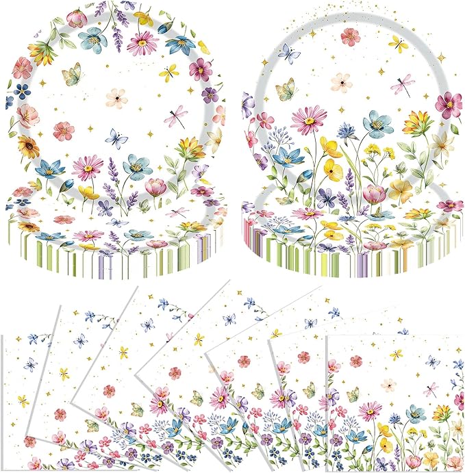 40 Pcs Spring Wildflower Plates and Napkins Sets-Disposable Floral Paper Plates by ZJJZOAA
