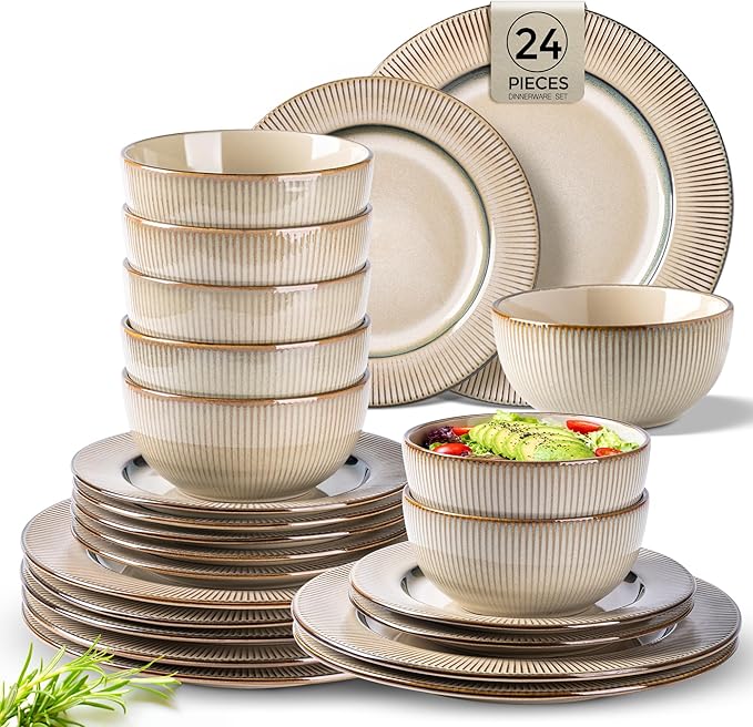 GBHOME Ceramic Dinnerware Sets, 24 Piece Embossed Elegant Stoneware Plates and Bowls Sets, Housewarming Wedding Gift | Dishwasher & Microwave Safe | Dishes Set Service for 8