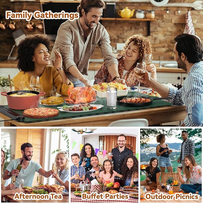 Warming Mat for Food Extra Large: 36"X16" Adjustable Silicone Food Warming Mat Heating Pad Food Warming Pad for Kitchen Counter Warming Trays for Buffets Party Hot Plates for Countertop Gifts Green