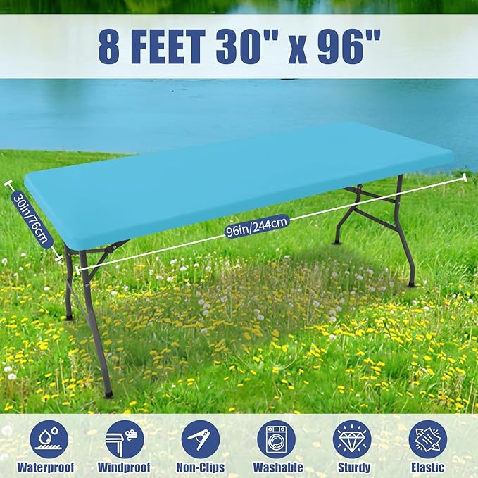 Spandex 8 Foot Rectangle Table Cloth 2 Pack, Elastic Fitted Tablecloths for Picnic, Stretch Washable Patio Table Cover for Outdoor, Camping, Banquet and Parties (Blue Mist, 30"x96")