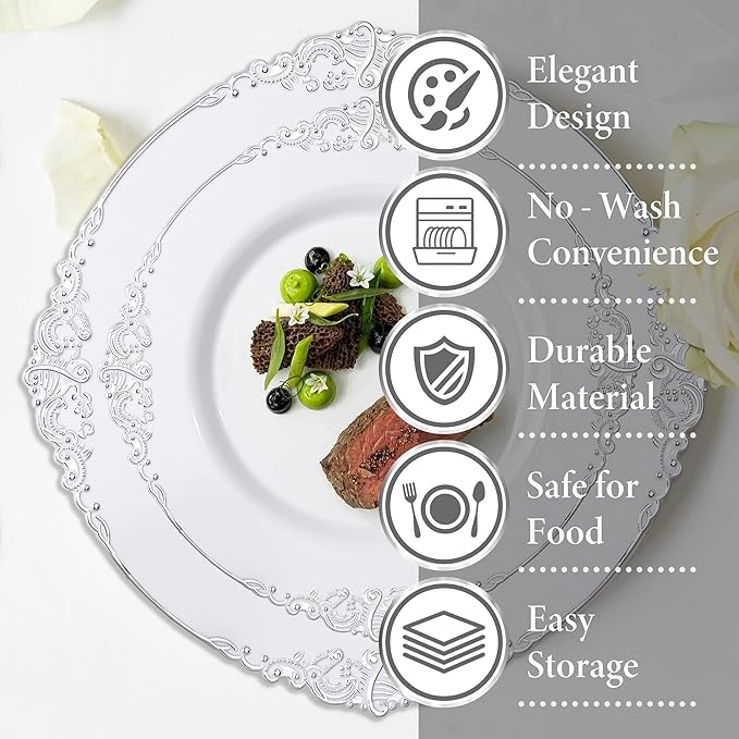 Nervure 100PCS White and Silver Plastic Plates - 10.25Inch Silver Disposable Plates - Heavyweight Dinner Plates for Wedding & Party