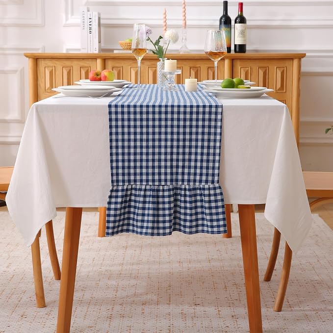 Navy Blue White Plaid Gingham Ruffle Table Runner 120 inches Long 100% Washed by KMASANIJI