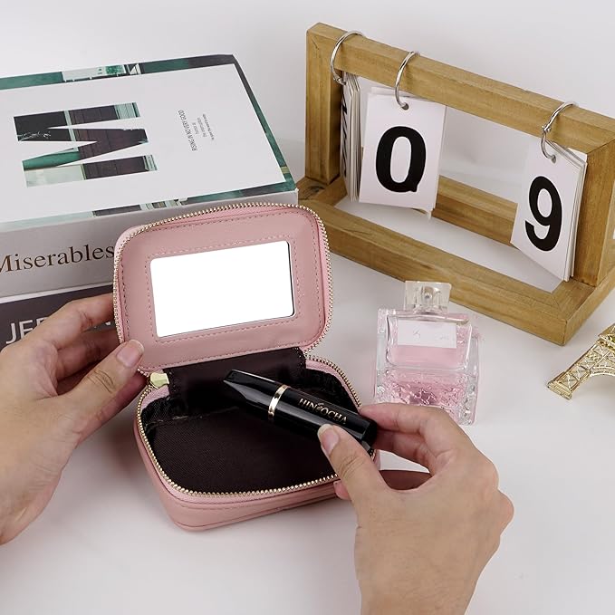 Lipstick Holder with Mirror for Purse, Genuine Leather Makeup Case, Compact Zippered Travel Cosmetic Organizer, Pink