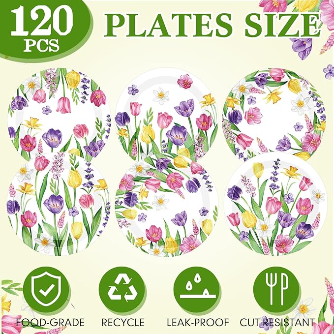 Umigy 120 Pcs Summer Tulip Floral Paper Plates 7 Inch Floral Party Decoration Plates, Summer Wild Flower Disposable Decorative Tableware for Birthday Wedding Baby Shower Tea Party Bridal Shower