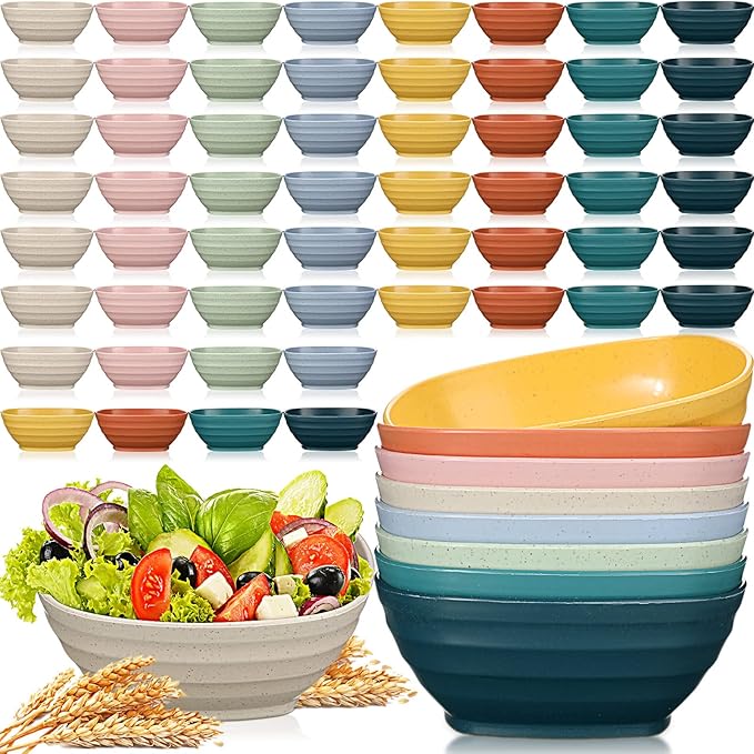 Gejoy 64 Pcs Unbreakable Cereal Reusable Wheat Straw Lightweight Bowls Microwave and Dishwasher Safe Soup Fiber Bowls for Kitchen Serving Salad Rice Snacks(Multicolor)