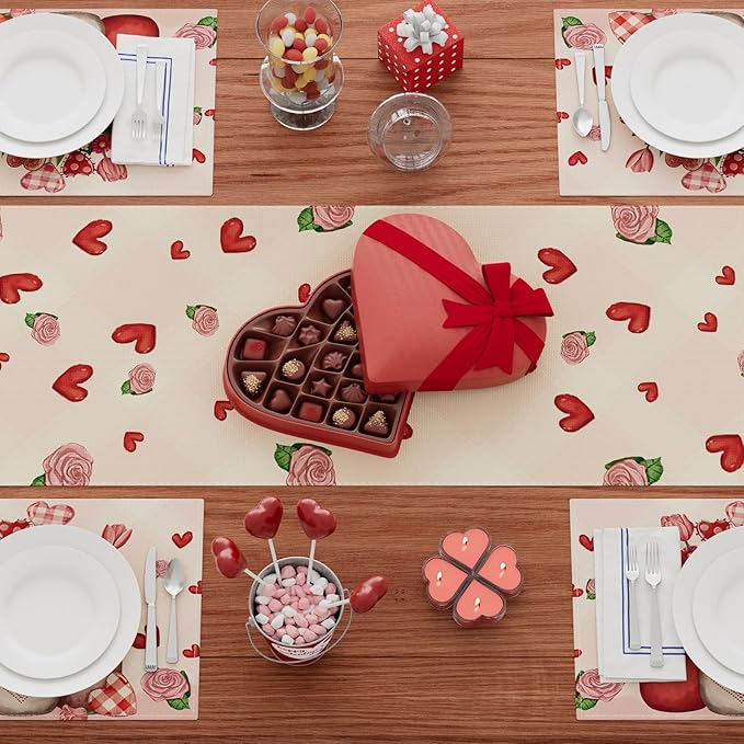 XCHI Roses Flowers Love Hearts Vase Valentine’s Day Table Runner Table Decoration for Party Home Kitchen Dining Dinner Holiday Decor 13x48 Inch