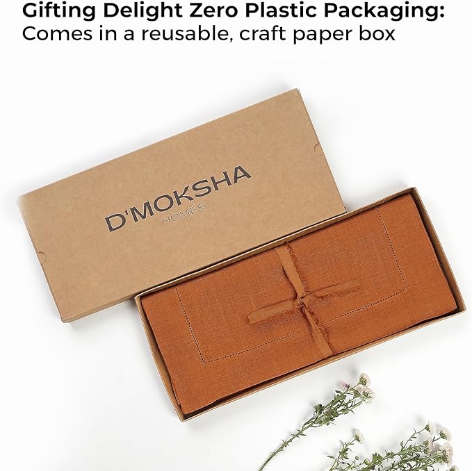 D'Moksha Homes Linen Rust Table Runner 120 Inches Long - 100% Pure Linen Hemstitch 14 x 120 Inch Table Runner for Dining and Spring, Easter - Classic Hemstitch