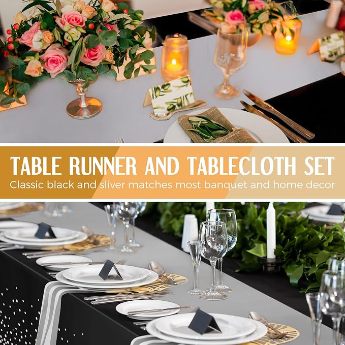 8 Pack Black and Silver Disposable Plastic Tablecloths and Satin Table Runner - Image 4