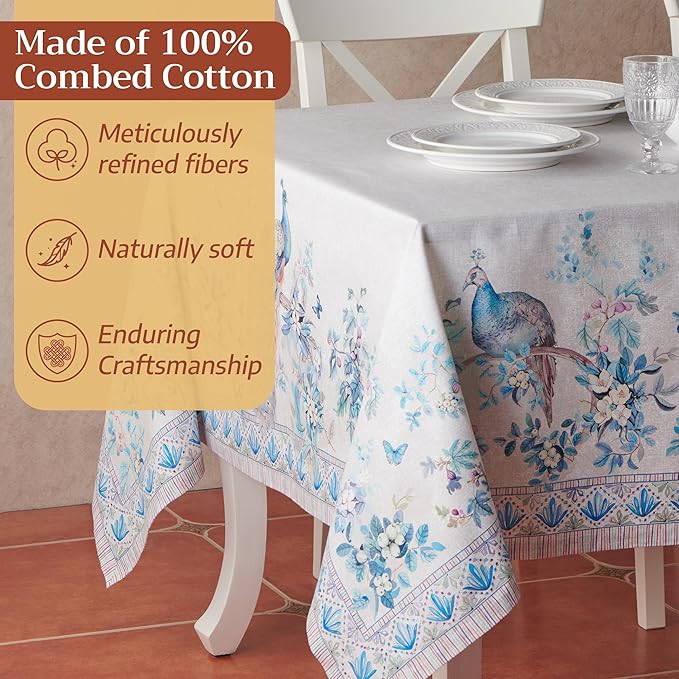 Maison d' Hermine Premium Table Cloth Rectangle Table 100% Combed Cotton 140 x 70 Inches Tablecloth Reusable Decorative for Dining Room, Farmhouse, Party, Festive & Wedding - Peacock Utopia - Orginal