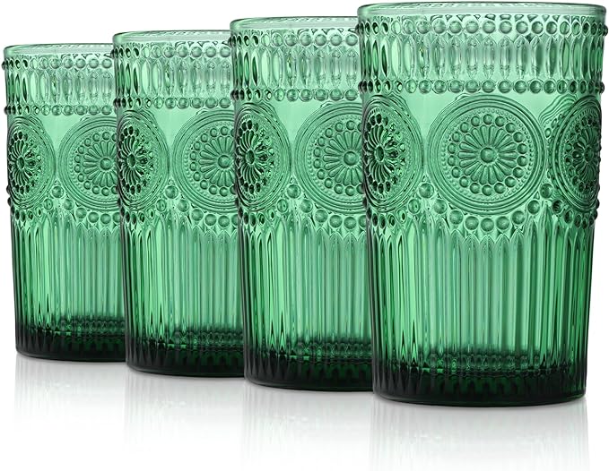 Joeyan Green Vintage Drinking Glasses, Embossed Ribbed Water Glass Cups - Image 8