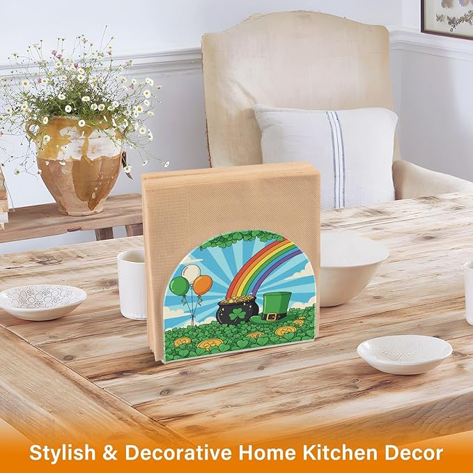 St Patrick's Day Shamrock Field Leprechaun Hat Coins Napkin Holder for Table Kitchen Decor Acrylic Paper Napkin Holders for Tissue Dining Room Indoor Outdoor Party Holiday Accessories
