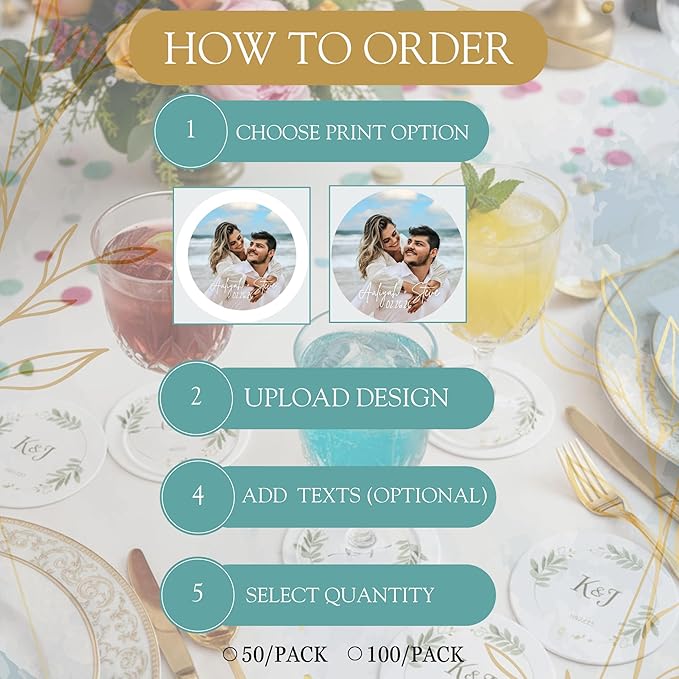 Custom Coasters – Personalized Wedding Coasters for Drinks with Logo or Photo – Reusable Customized Full Color Print Drink Coaster for Weddings, Parties & Events (25, 50, 100 Pack) – Queen of Cards