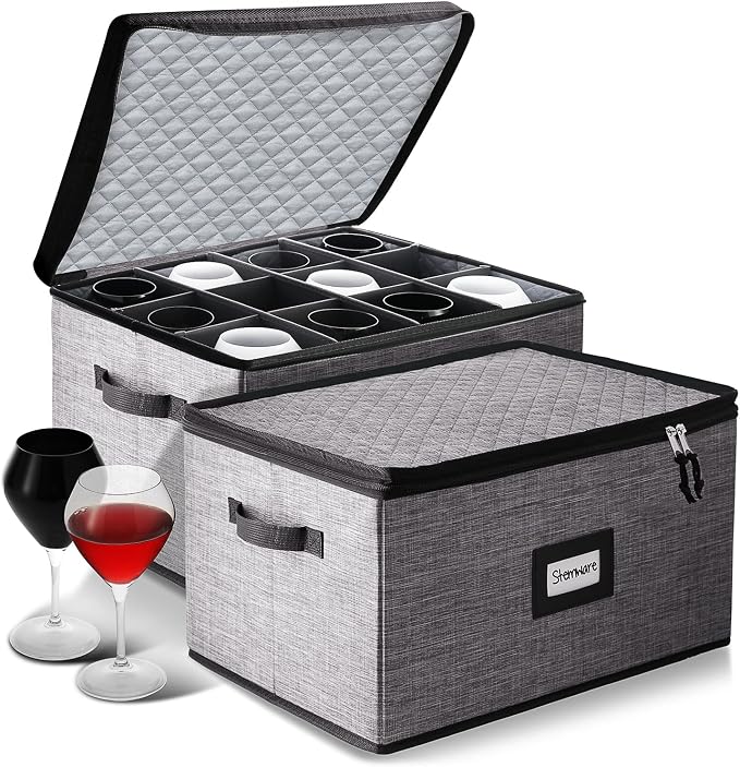 Wine Glass Storage Box with Dividers, 2 Pack Stackable Stemware Storage Cases - Image 8