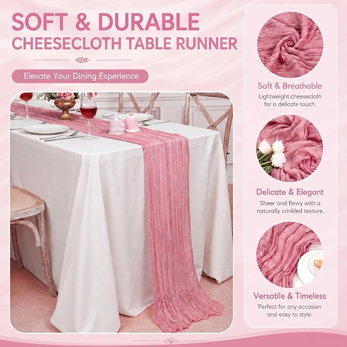 12 Pack Dusty Rose Cheesecloth Table Runner 17x108 Inch Boho Rustic Semi Sheer - Image 4